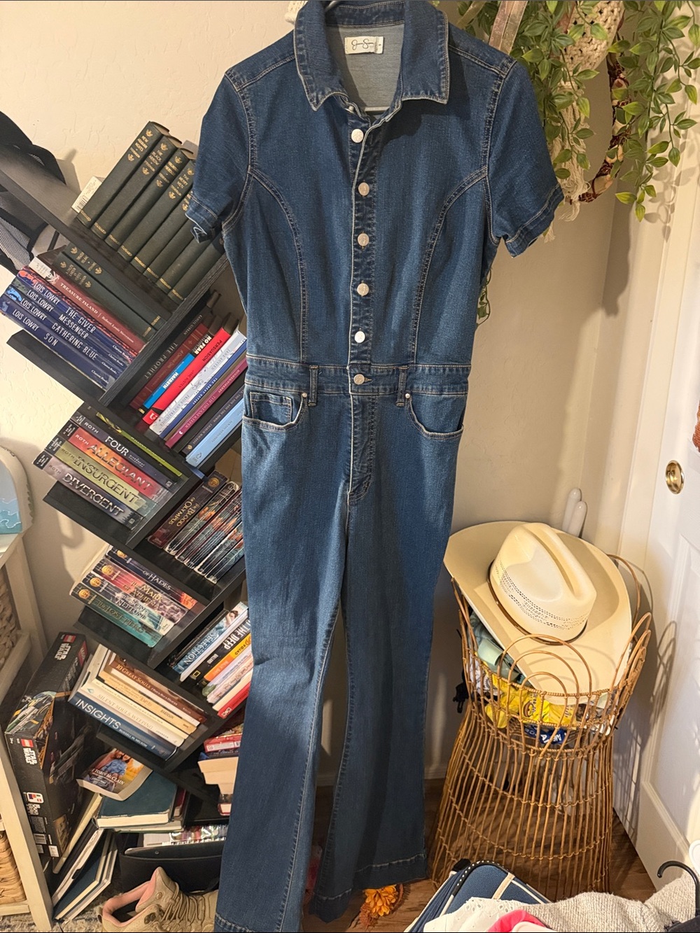 Jessica Simpson Dark Blue Denim Short-Sleeve Jumpsuit